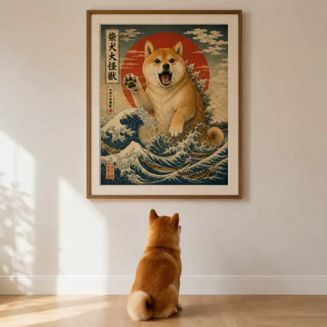 遊び心あるカスタムペットウォールアートとして飾られた、額入りの犬モンスターポートレート