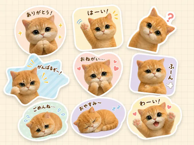 ノートパソコンやマグカップ、手帳に貼れる、かわいい表情豊かなペットリアクションのカスタム猫ステッカーシート