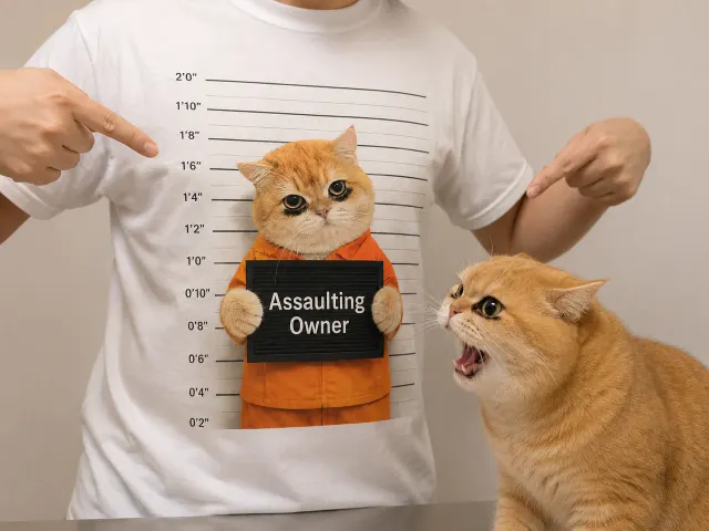 オレンジ衣装の猫ポートレートをプリントした、面白いカスタムペットTシャツ