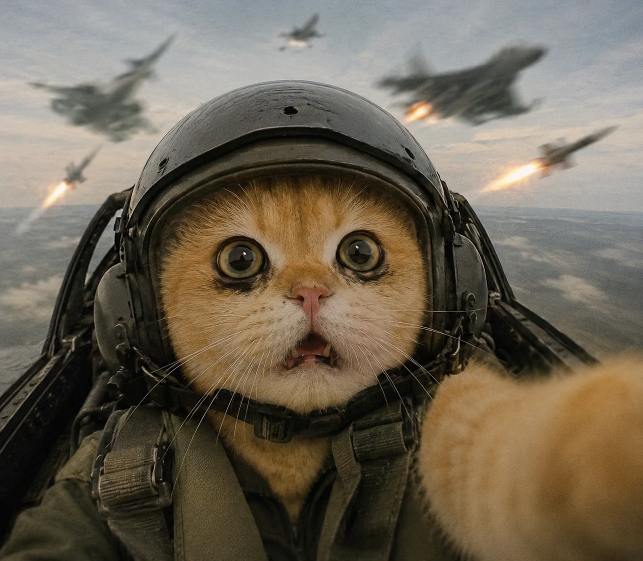 Fighter Jet Cat Pilot pet reaction meme with expressive close-up styling, made for funny chat stickers and social sharing