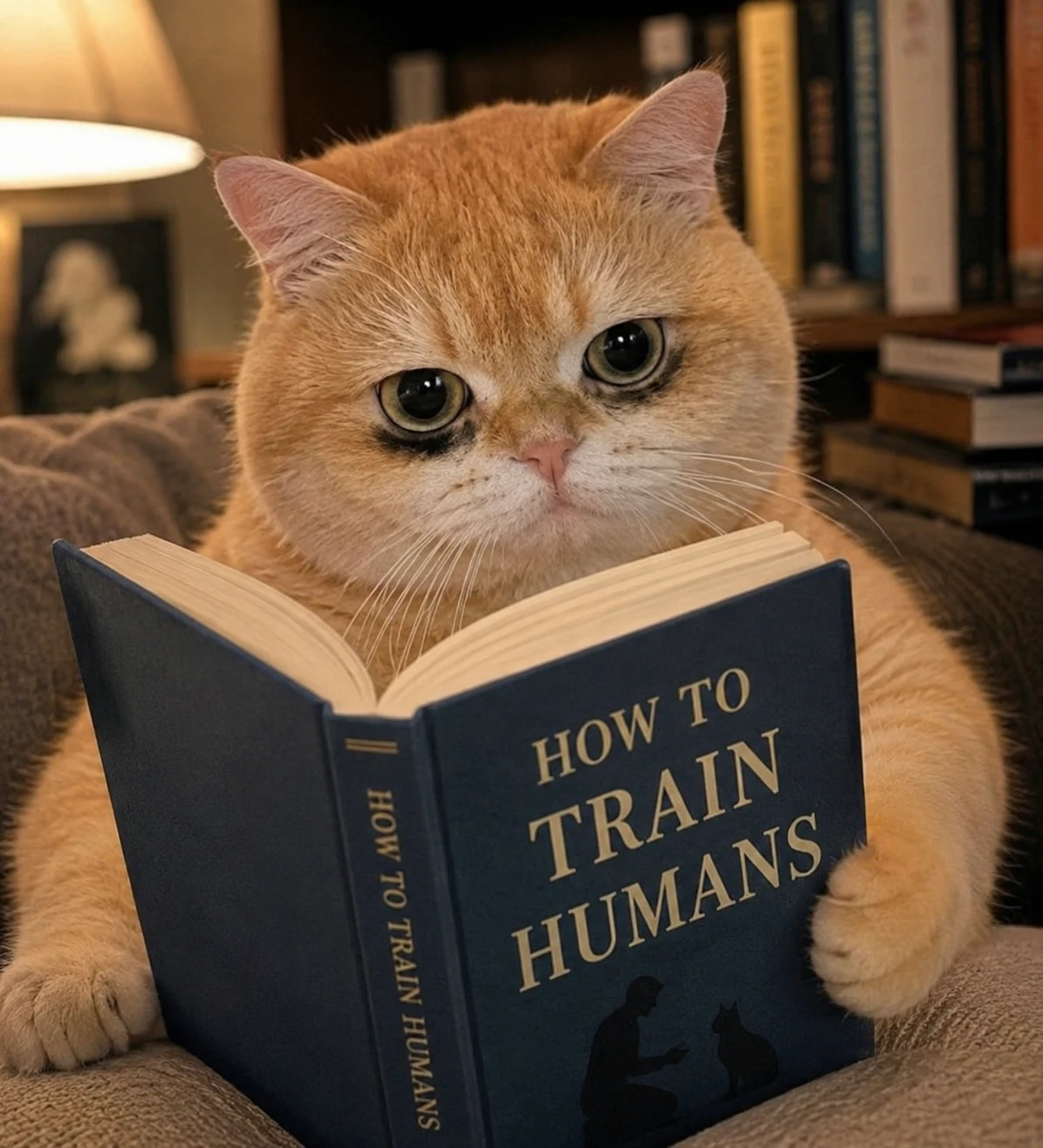 Cat’s Serious Reading Time pet reaction meme with expressive close-up styling, made for funny chat stickers and social sharing