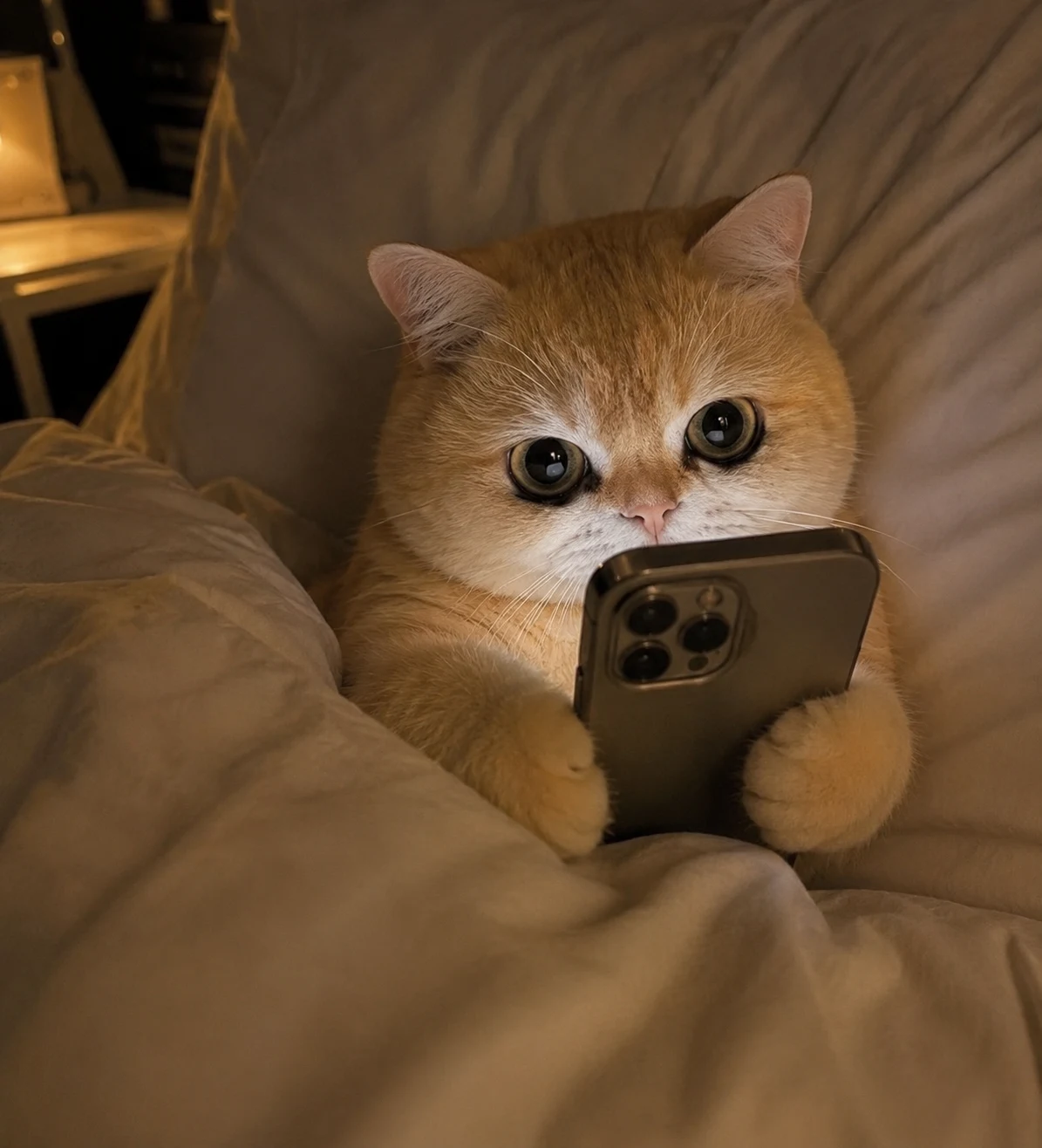Cat Scrolling Before Bed pet reaction meme with expressive close-up styling, made for funny chat stickers and social sharing