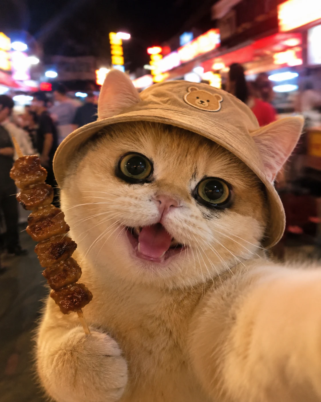 Night Market Foodie Cat pet reaction meme with expressive close-up styling, made for funny chat stickers and social sharing