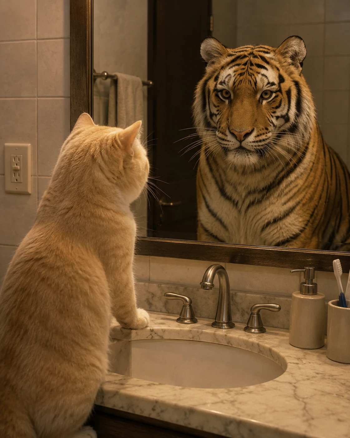 Cat and Tiger Mirror Reflection pet reaction meme with expressive close-up styling, made for funny chat stickers and social sharing