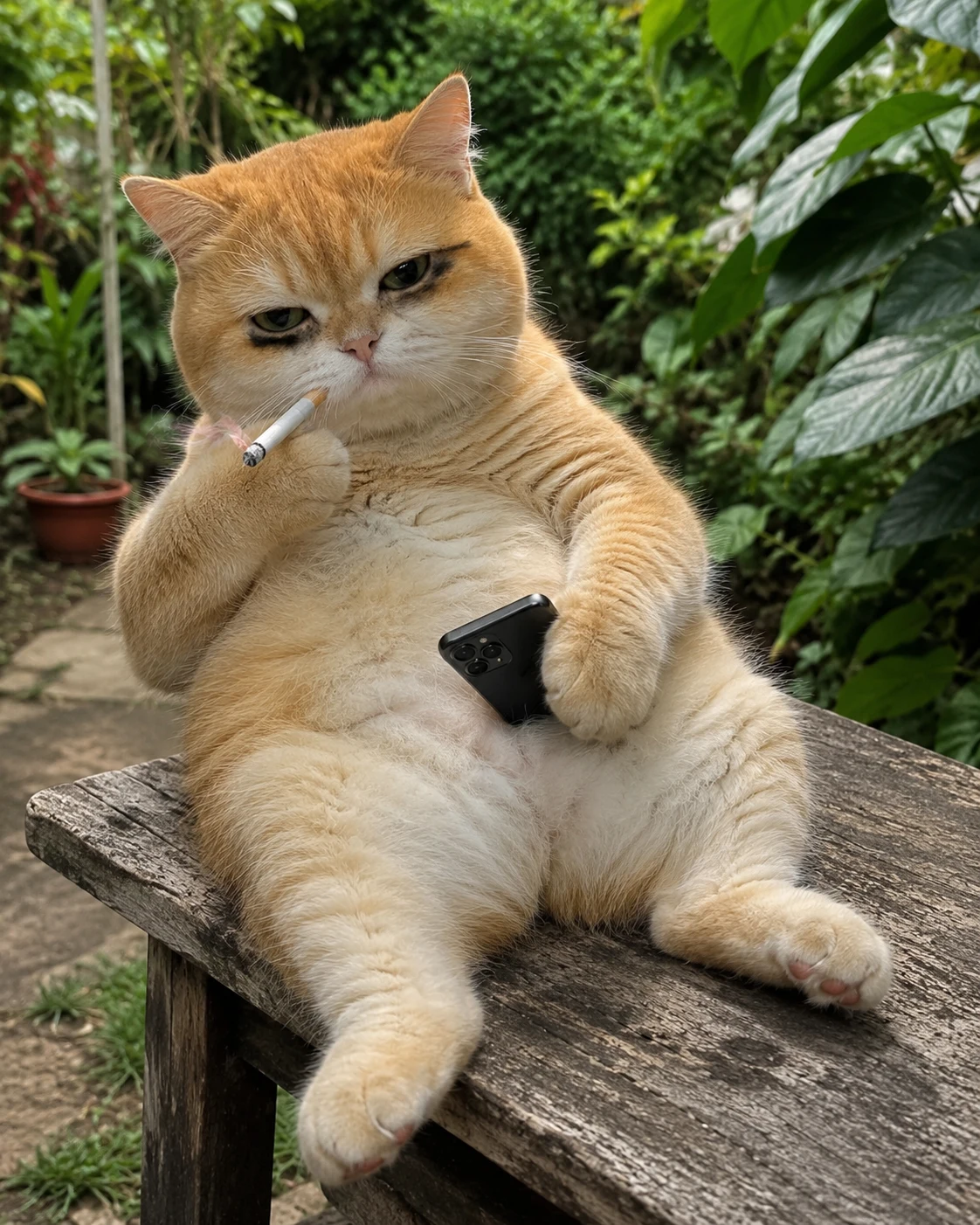 Cool Cat in the Garden pet reaction meme with expressive close-up styling, made for funny chat stickers and social sharing
