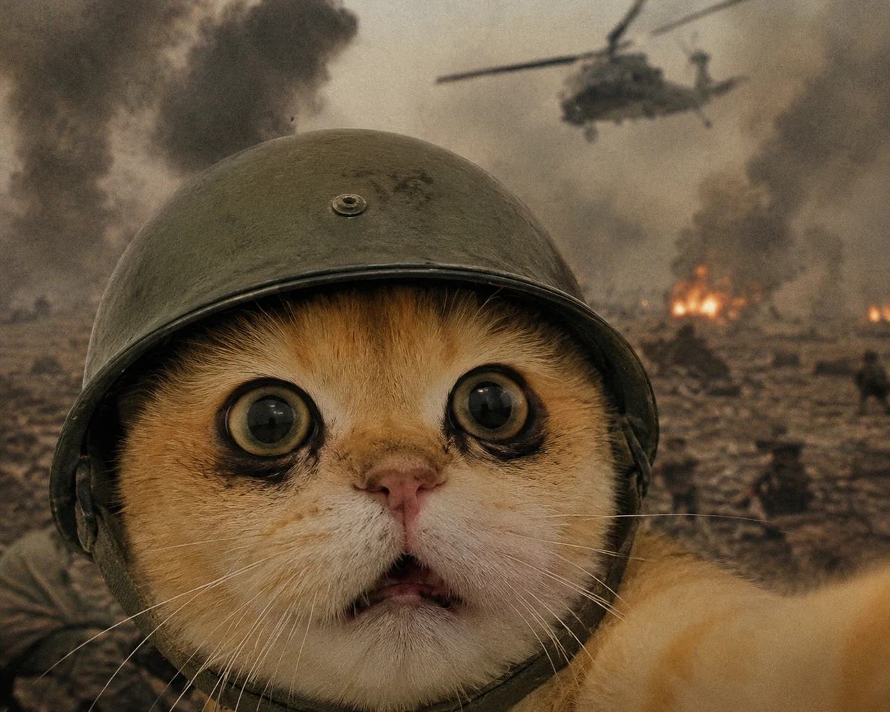 Cat on the Battlefield pet reaction meme with expressive close-up styling, made for funny chat stickers and social sharing