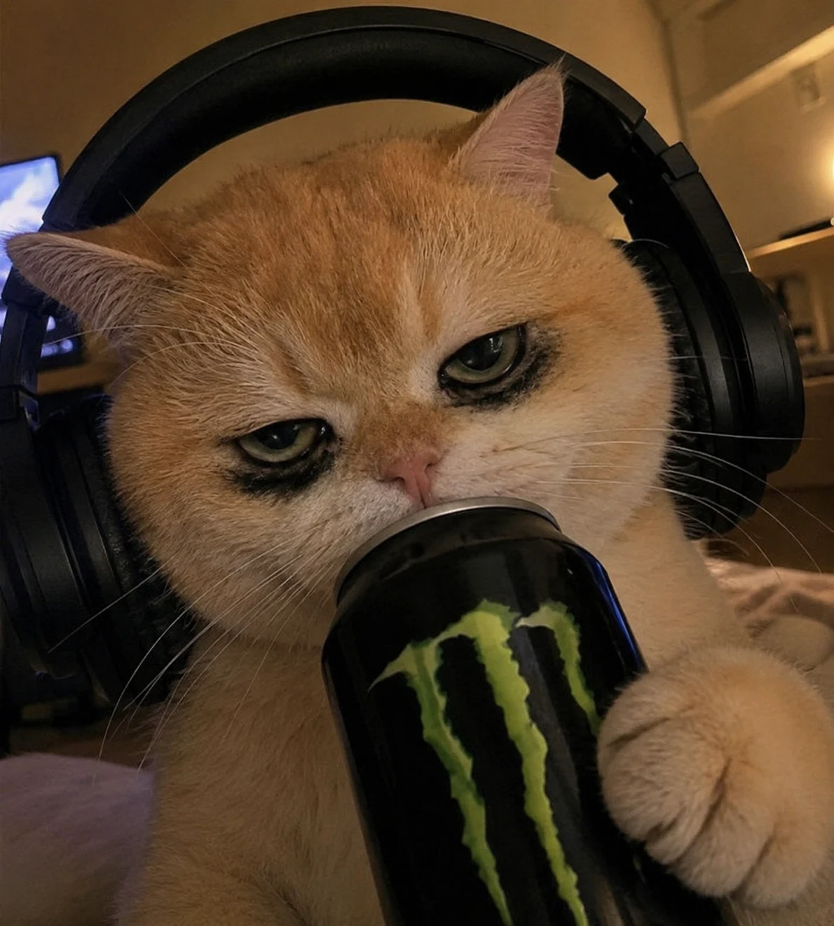 Late-Night Cat with Energy Drink pet reaction meme with expressive close-up styling, made for funny chat stickers and social sharing
