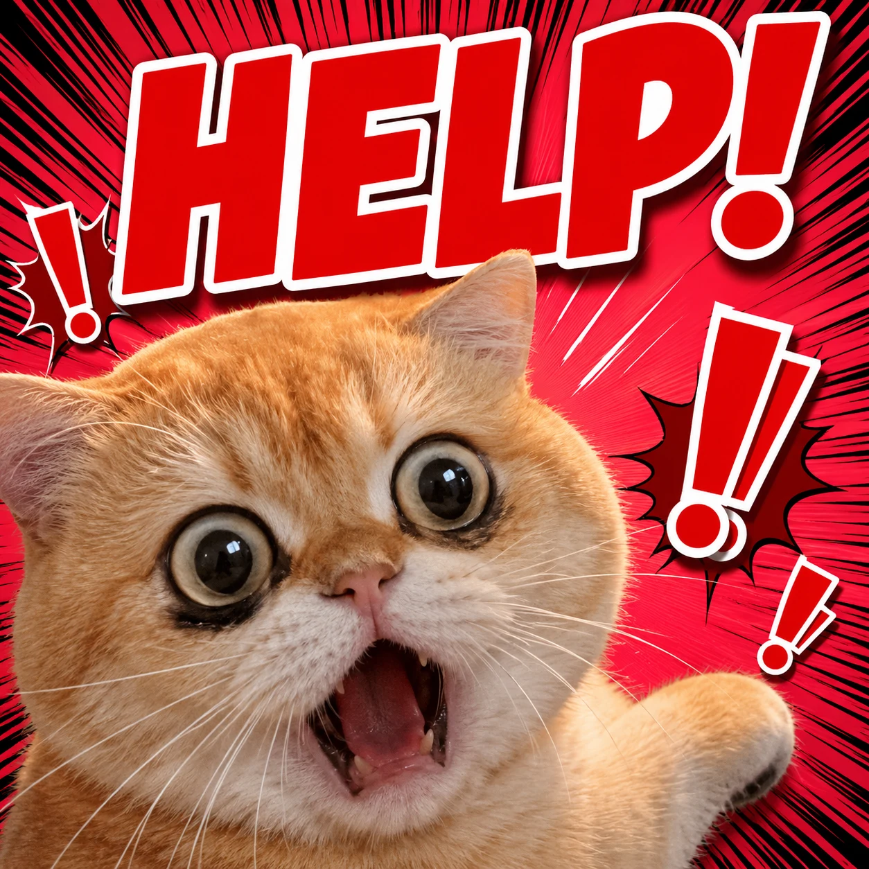 Panicked Cat Help Sticker pet reaction meme with expressive close-up styling, made for funny chat stickers and social sharing
