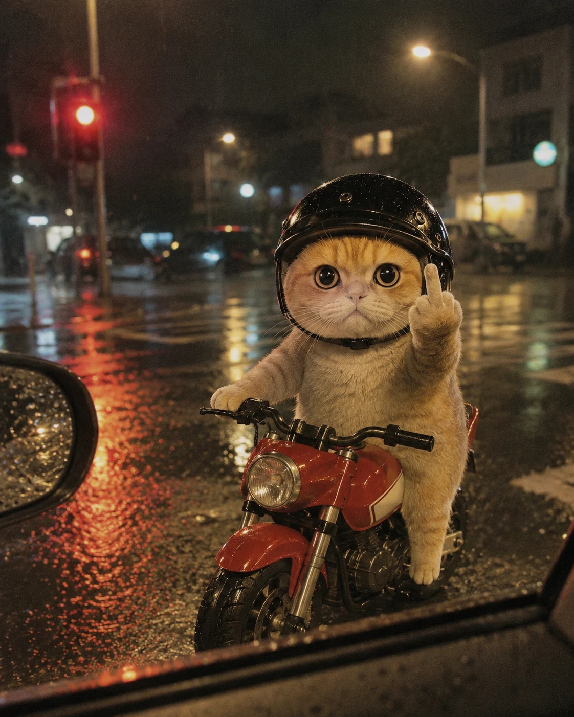 Angry Cat on a Rainy Street pet reaction meme with expressive close-up styling, made for funny chat stickers and social sharing
