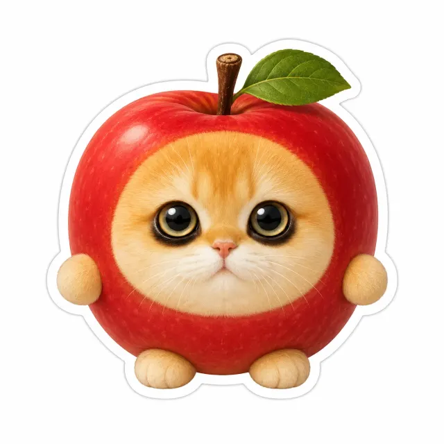 かわいいりんご猫｜表情豊かなクローズアップの、面白いチャットスタンプやSNSシェア向けペットリアクションミーム