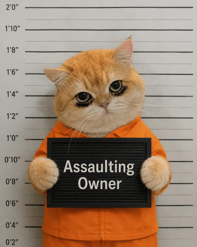 逮捕された猫の容疑者｜表情豊かなクローズアップの、面白いチャットスタンプやSNSシェア向けペットリアクションミーム