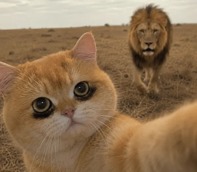 猫とライオンの自撮り｜表情豊かなクローズアップの、面白いチャットスタンプやSNSシェア向けペットリアクションミーム