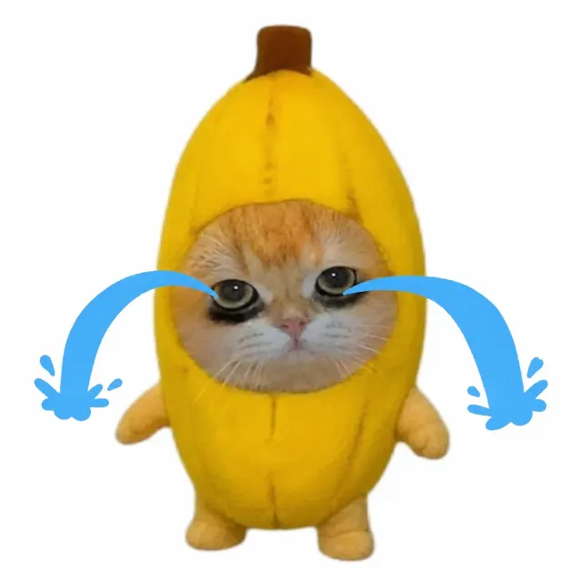 悲しいバナナ猫｜表情豊かなクローズアップの、面白いチャットスタンプやSNSシェア向けペットリアクションミーム