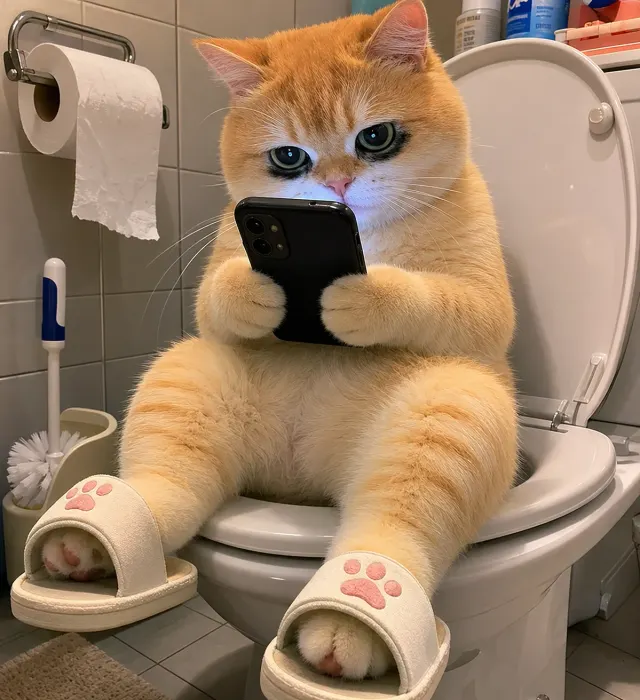 トイレでスマホ猫｜表情豊かなクローズアップの、面白いチャットスタンプやSNSシェア向けペットリアクションミーム