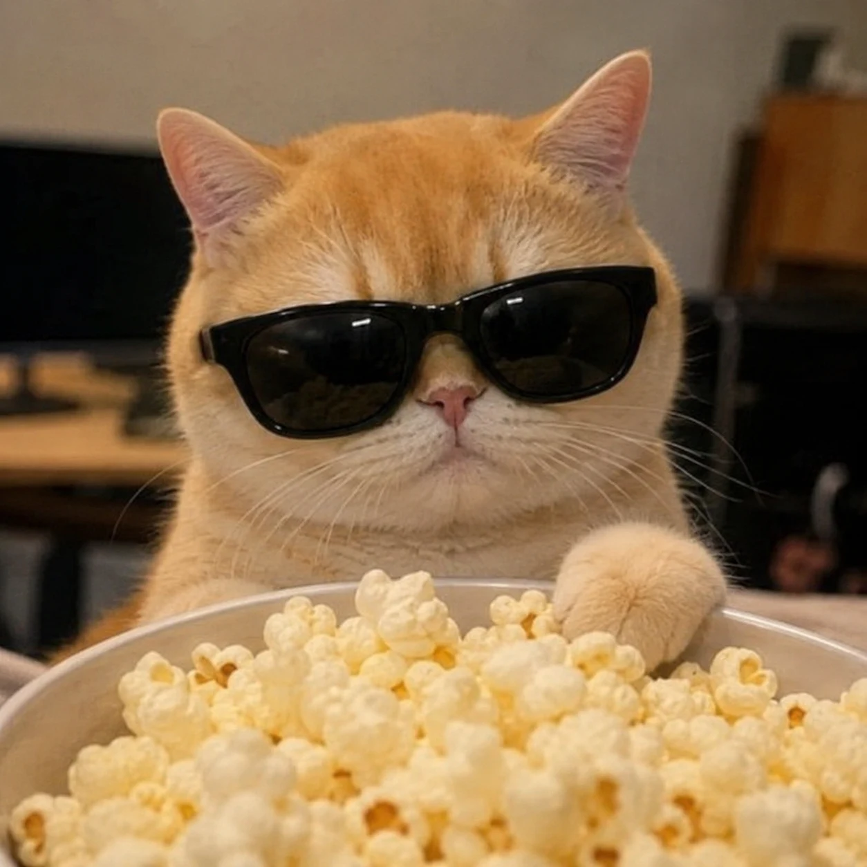 Cool Cat with Popcorn pet reaction meme with expressive close-up styling, made for funny chat stickers and social sharing