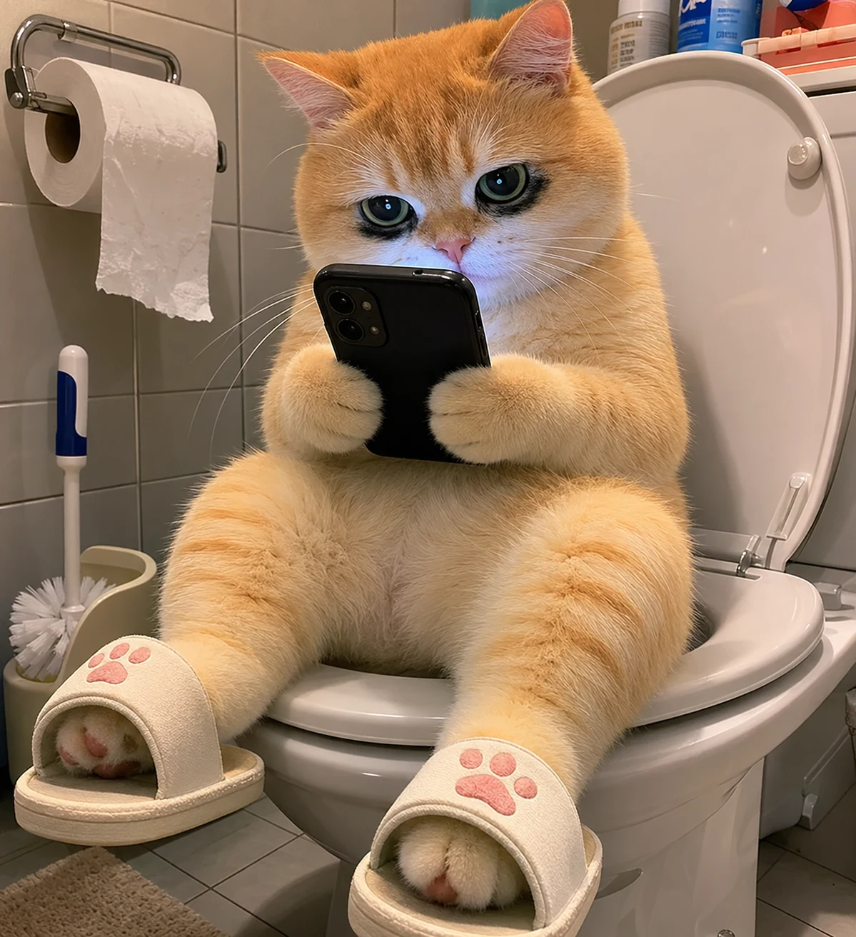 Cat Scrolling on the Toilet pet reaction meme with expressive close-up styling, made for funny chat stickers and social sharing
