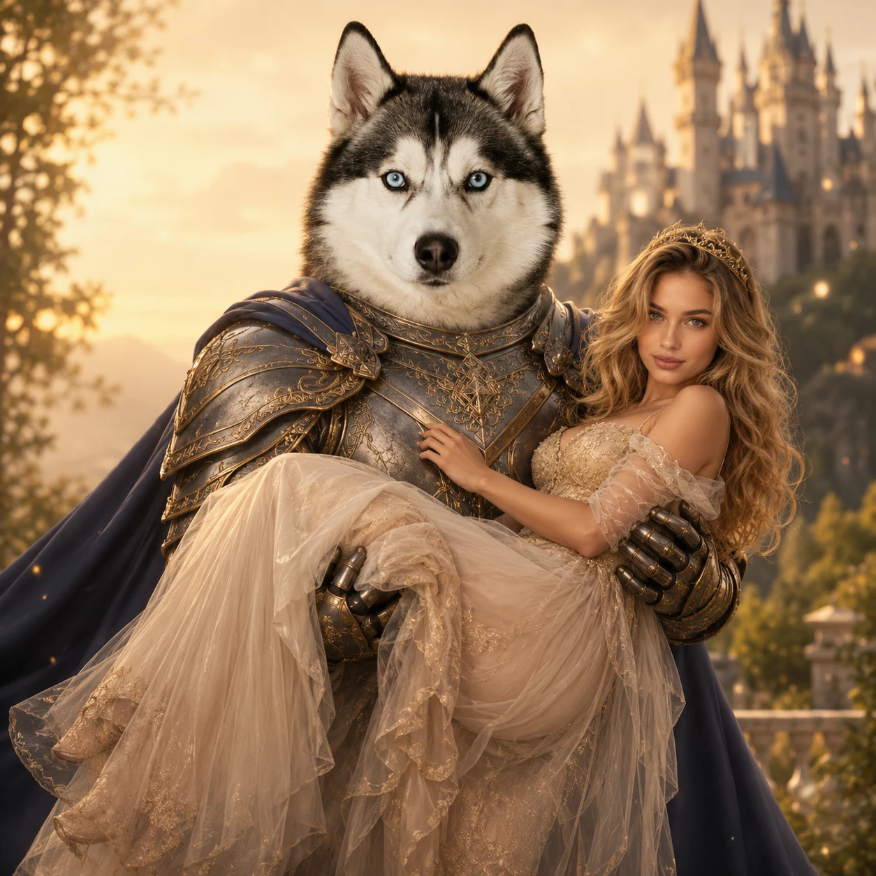 Pet Knight and Princess matching pet and owner portrait with coordinated styling and storybook energy
