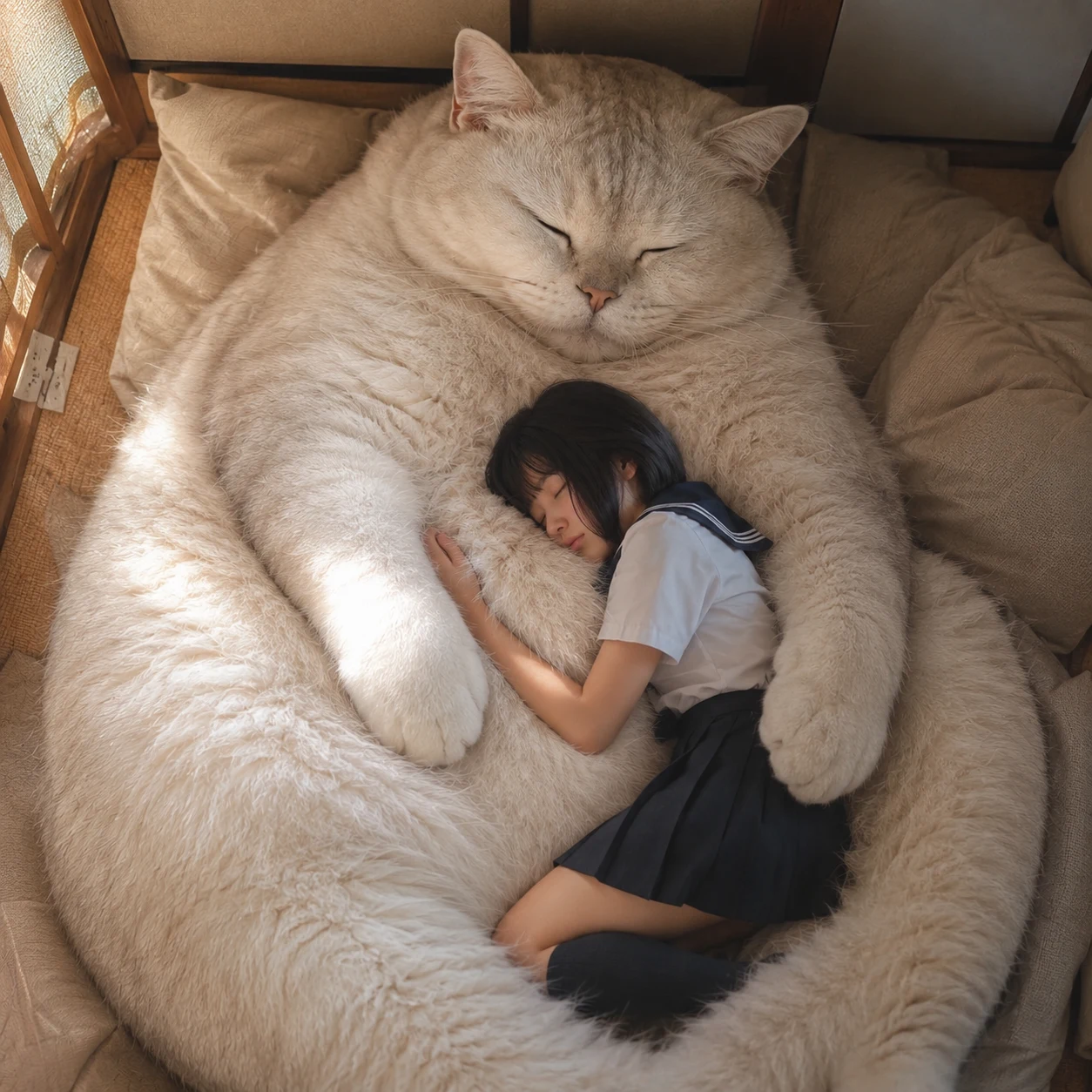 Nestled in the Giant Cat’s Belly matching pet and owner portrait with coordinated styling and storybook energy