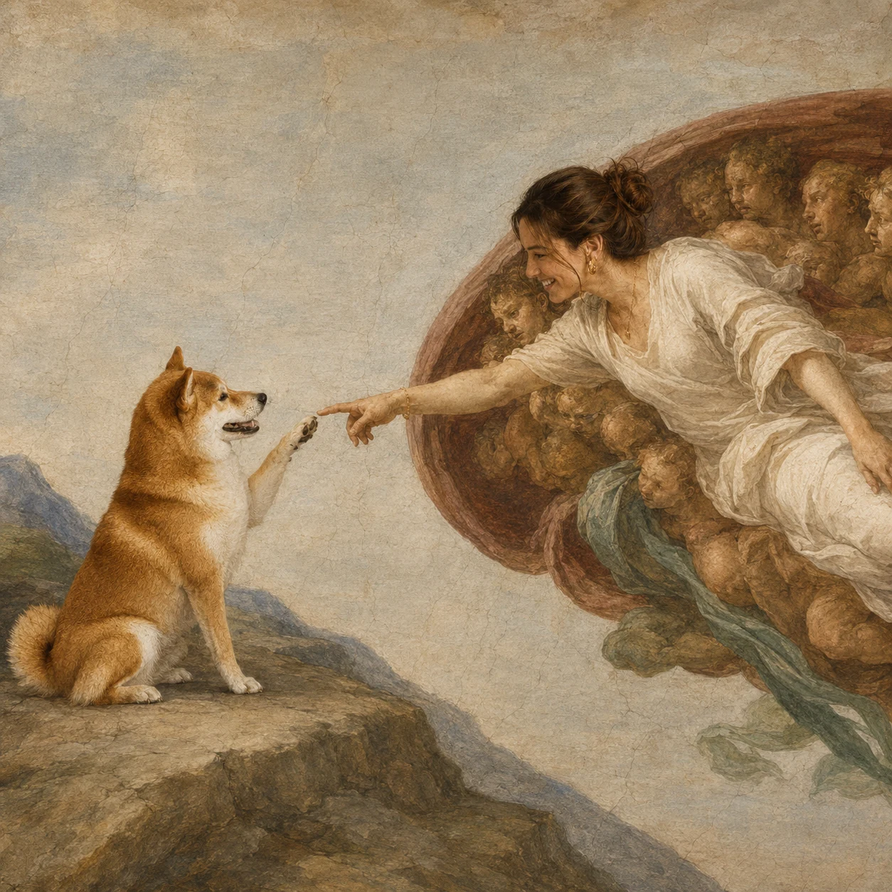 The Creation of Dog matching pet and owner portrait with coordinated styling and storybook energy