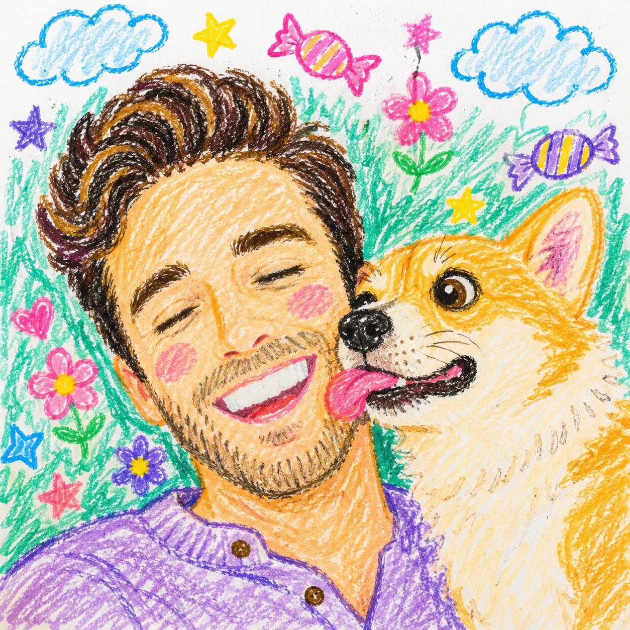 Crayon Drawing Style matching pet and owner portrait with coordinated styling and storybook energy