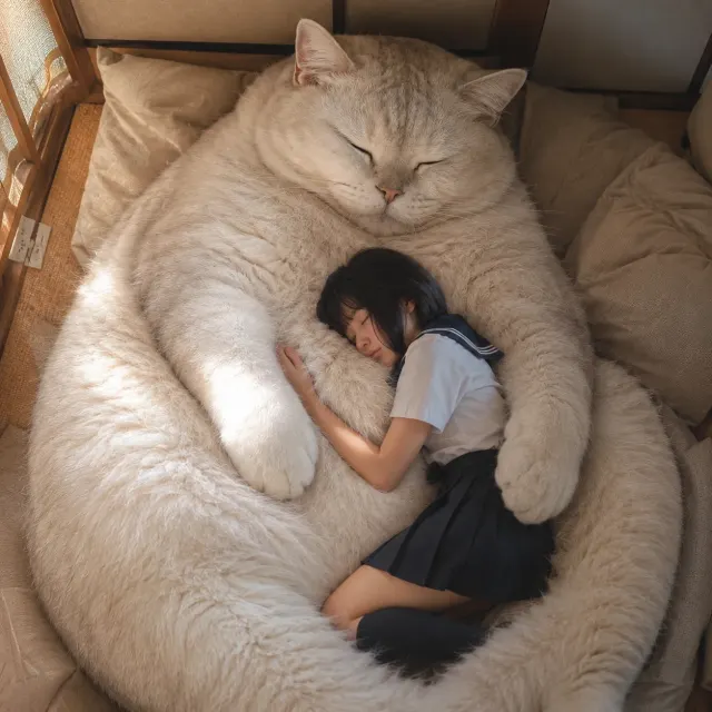 巨大猫のお腹に寄り添う｜おそろいの衣装と絵本のような演出で、SNS映えするペットと飼い主のペアポートレート