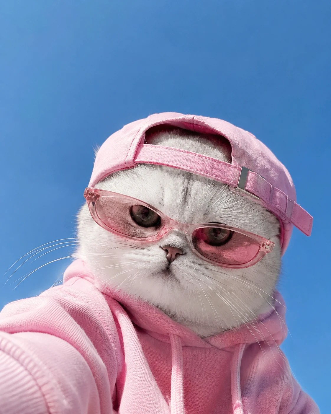 Pink Fashion Cat Selfie pet portrait with polished lighting, stylish scene details, and an Instagram-ready look