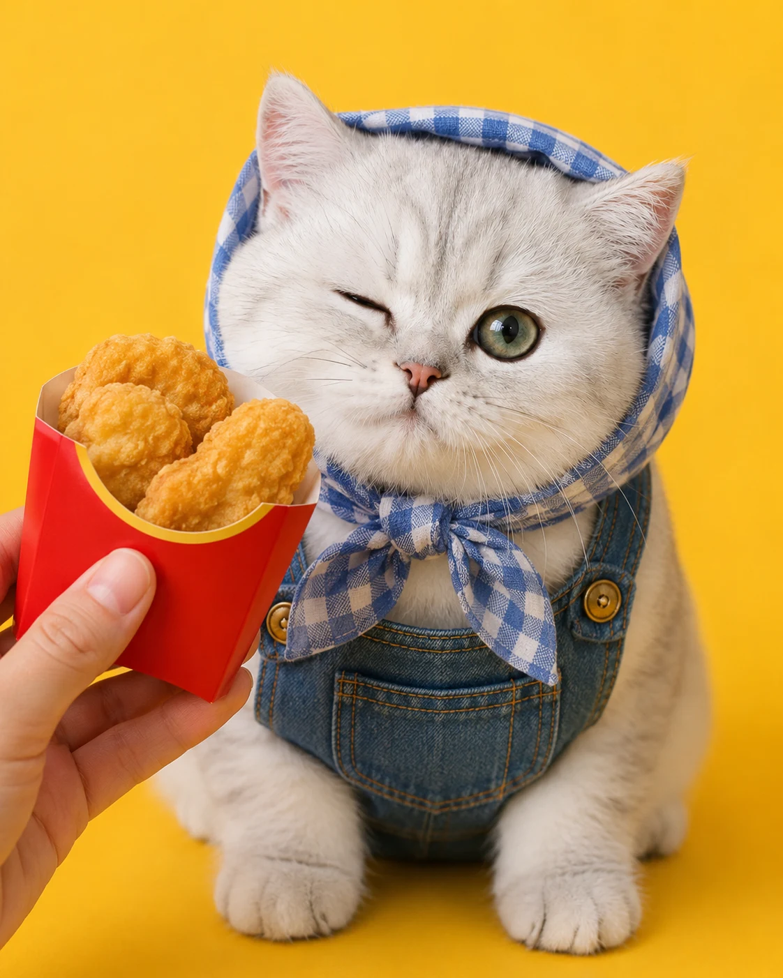 Cat Tempted by Nuggets pet portrait with polished lighting, stylish scene details, and an Instagram-ready look
