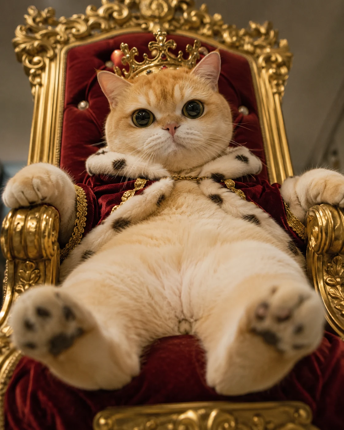 Cat King on a Golden Throne pet portrait with polished lighting, stylish scene details, and an Instagram-ready look