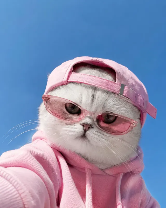 ピンクファッション猫のセルフィー｜洗練されたライティングとおしゃれな演出で、SNS映えするペットポートレート