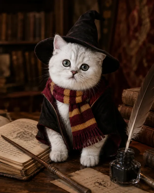 魔法学校の学生猫｜洗練されたライティングとおしゃれな演出で、SNS映えするペットポートレート