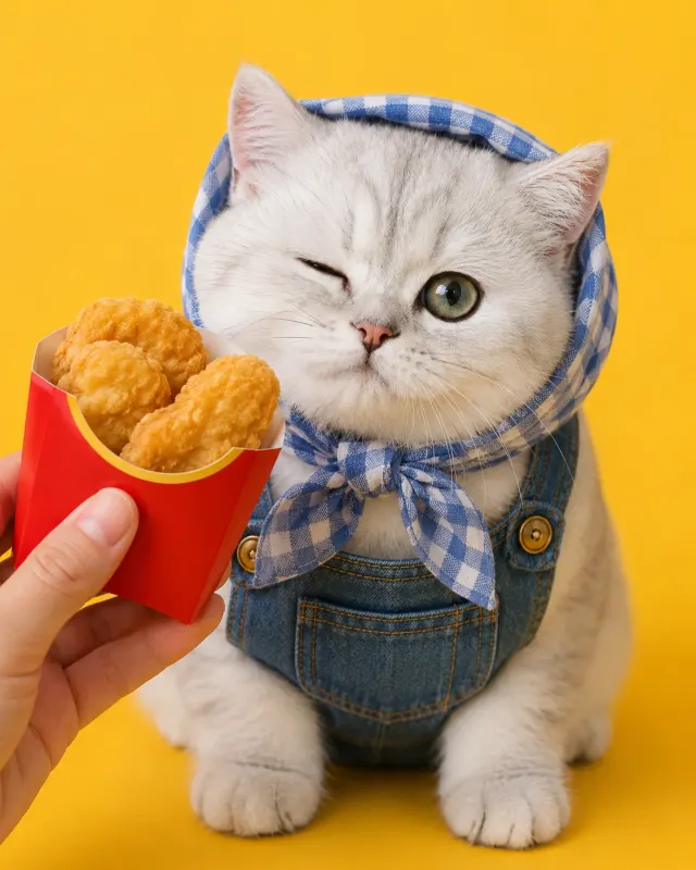 チキンナゲットに誘われる猫｜洗練されたライティングとおしゃれな演出で、SNS映えするペットポートレート