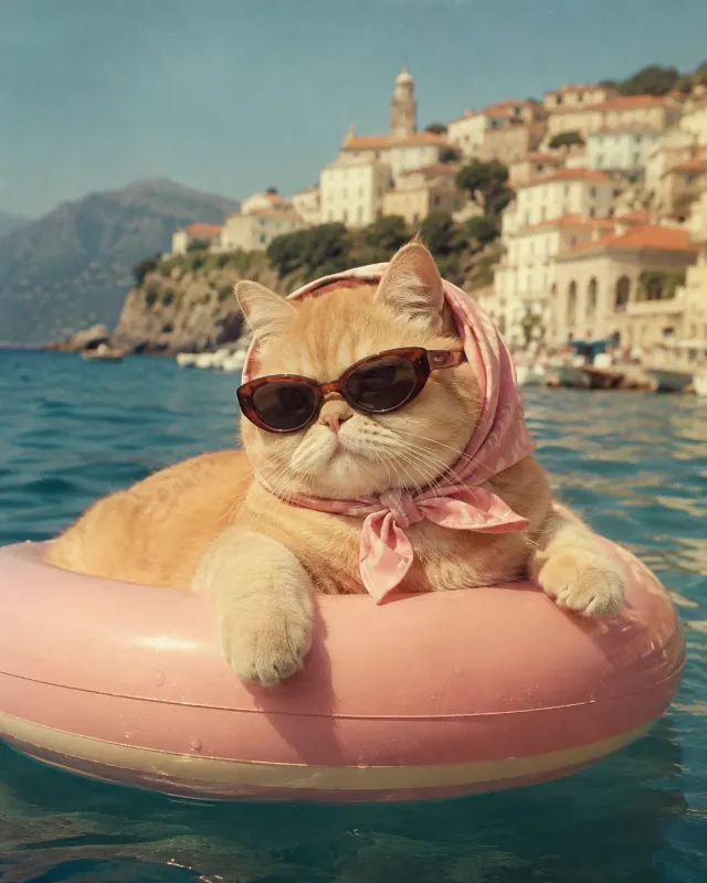 海辺で休暇中の猫｜洗練されたライティングとおしゃれな演出で、SNS映えするペットポートレート