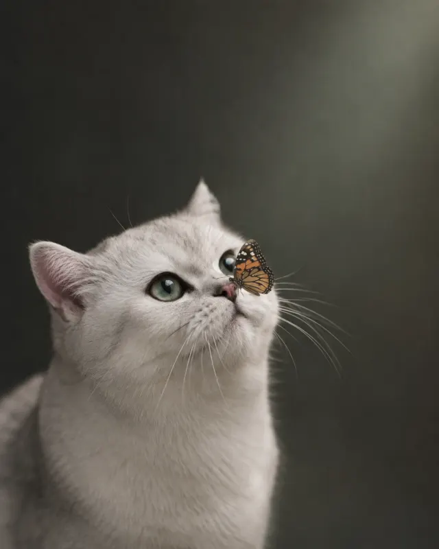猫と蝶の静かな瞬間｜洗練されたライティングとおしゃれな演出で、SNS映えするペットポートレート