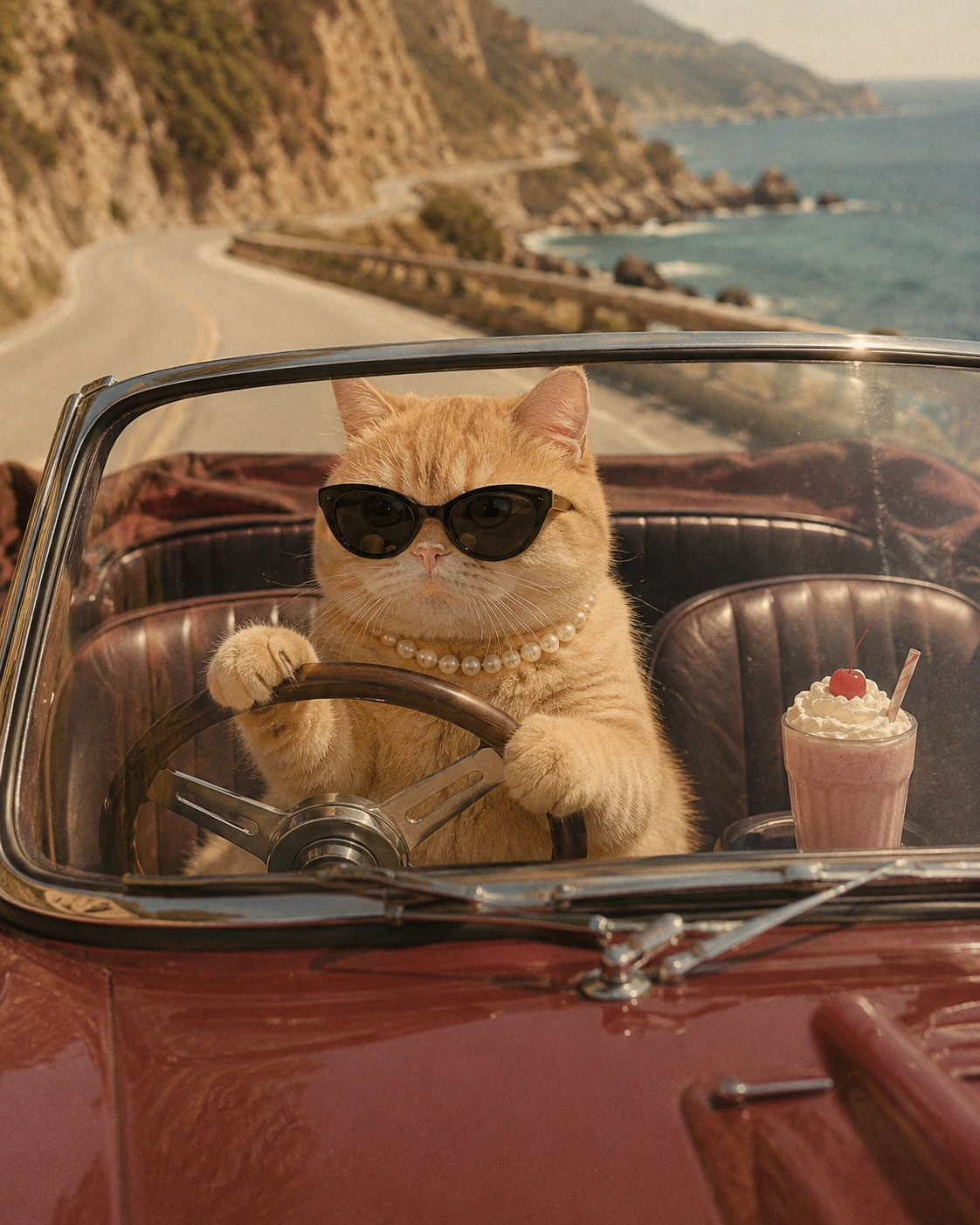 Coastal Road Drive pet portrait with polished lighting, stylish scene details, and an Instagram-ready look